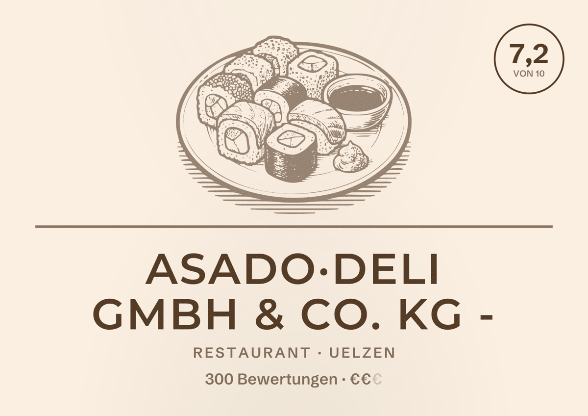 Illustriertes Poster von Asado·Deli GmbH & Co. KG -, Restaurant in Uelzen: Bewertung 7,2 von 10 aus 300 Bewertungen, Preisniveau €€