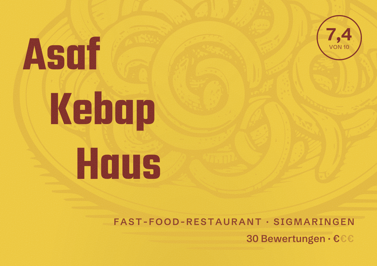 Illustriertes Poster von Asaf Kebap Haus, Fast-Food-Restaurant in Sigmaringen: Bewertung 7,4 von 10 aus 30 Bewertungen, Preisniveau €