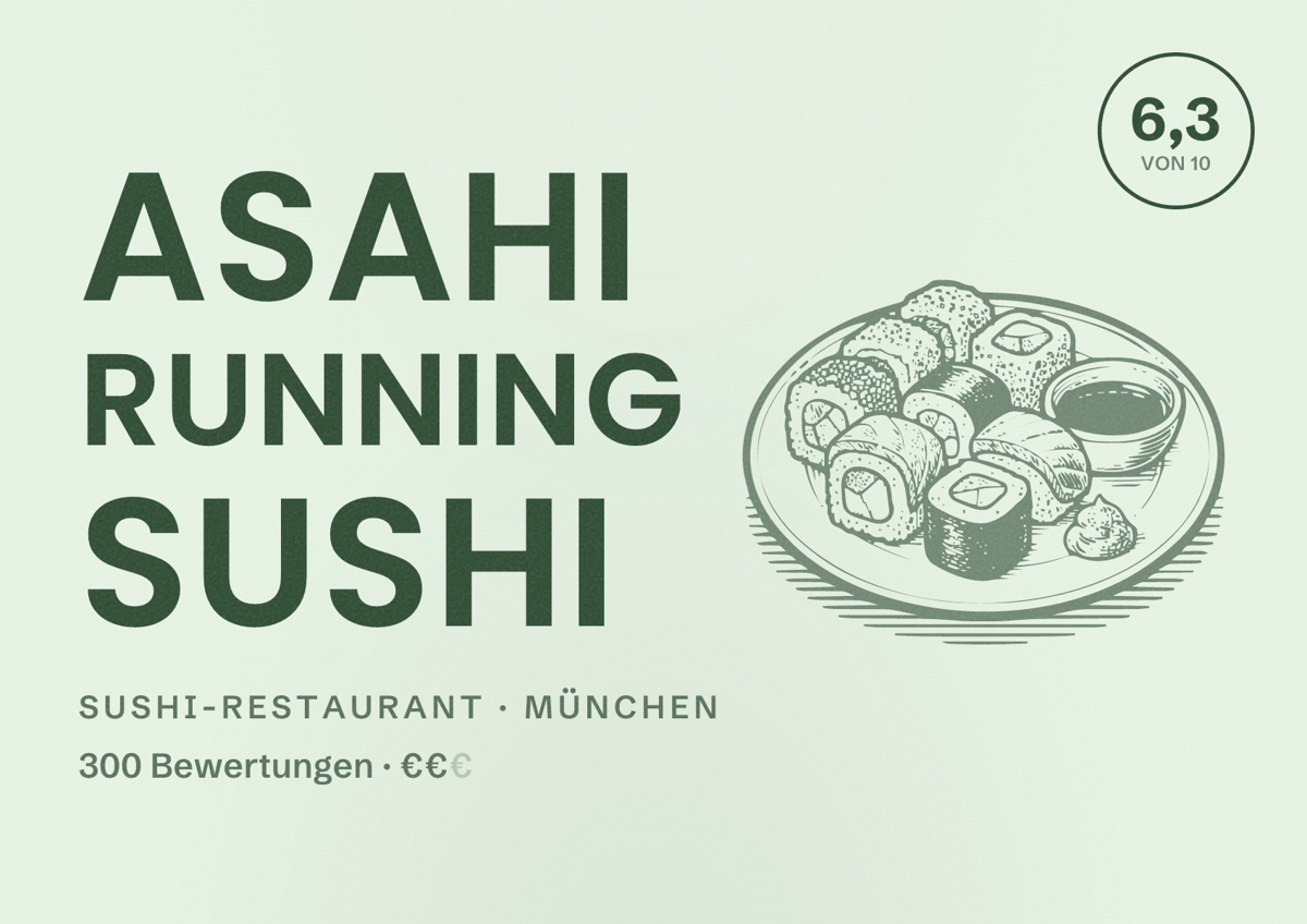 Illustriertes Poster von Asahi running sushi, Sushi-Restaurant in München: Bewertung 6,3 von 10 aus 300 Bewertungen, Preisniveau €€