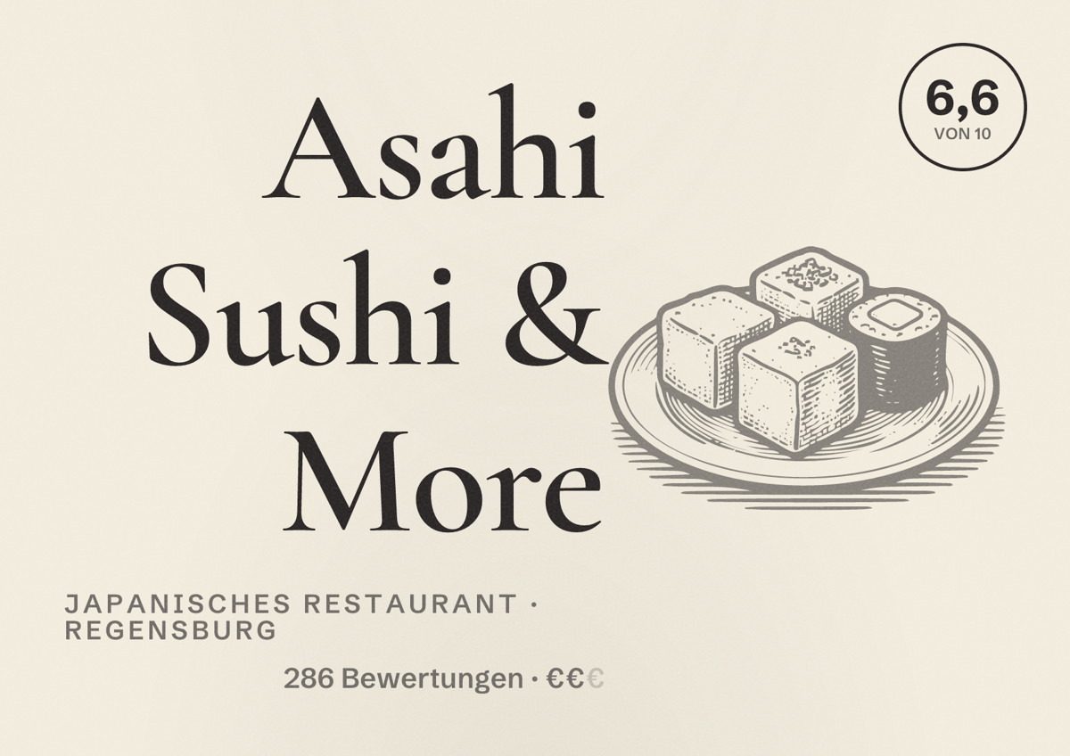 Illustriertes Poster von Asahi Sushi & More, Japanisches Restaurant in Regensburg: Bewertung 6,6 von 10 aus 286 Bewertungen, Preisniveau €€