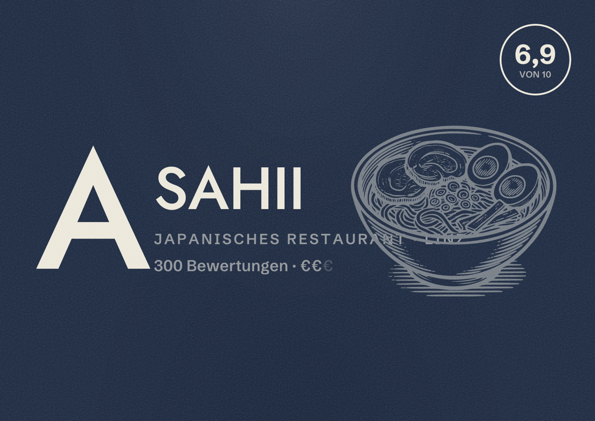 Illustriertes Poster von ASAHII, Japanisches Restaurant in Linz: Bewertung 6,9 von 10 aus 300 Bewertungen, Preisniveau €€