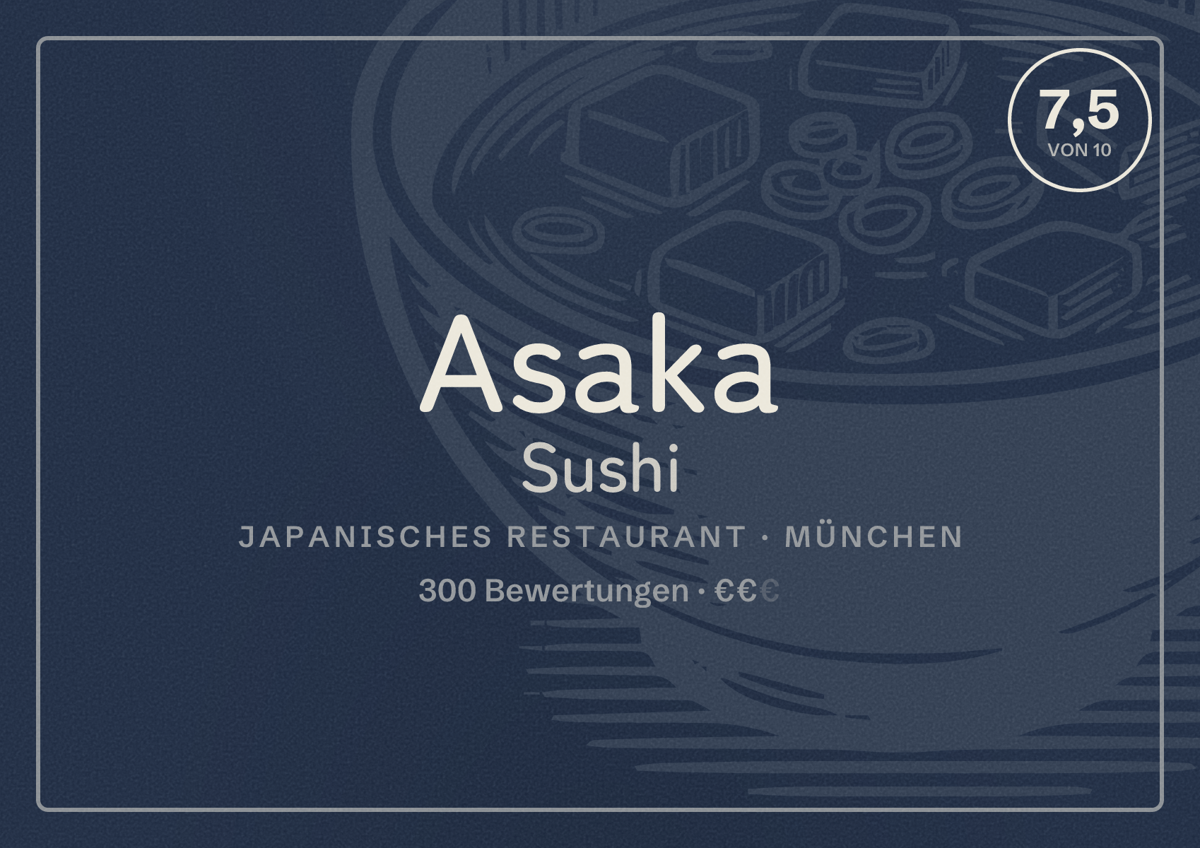 Illustriertes Poster von Asaka Sushi, Japanisches Restaurant in München: Bewertung 7,5 von 10 aus 300 Bewertungen, Preisniveau €€