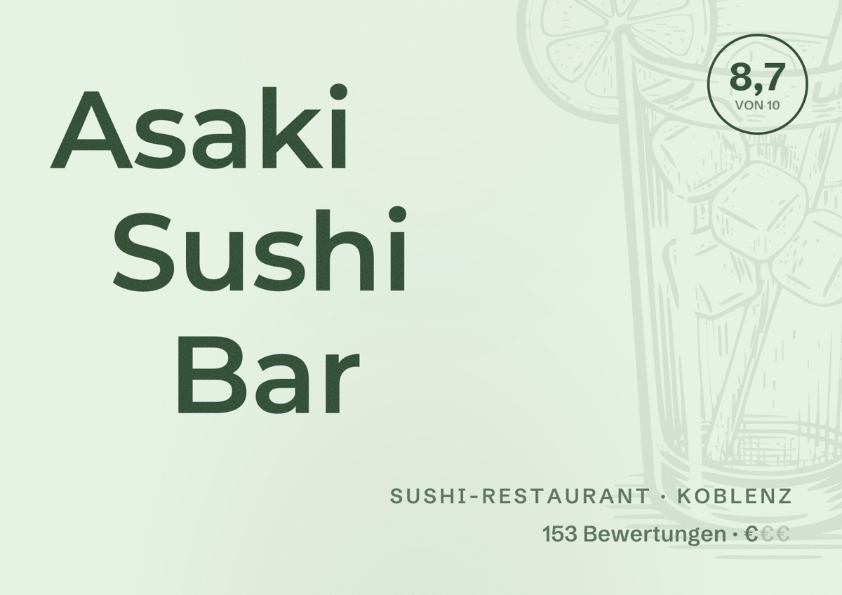 Illustriertes Poster von Asaki Sushi Bar, Sushi-Restaurant in Koblenz: Bewertung 8,7 von 10 aus 153 Bewertungen, Preisniveau €