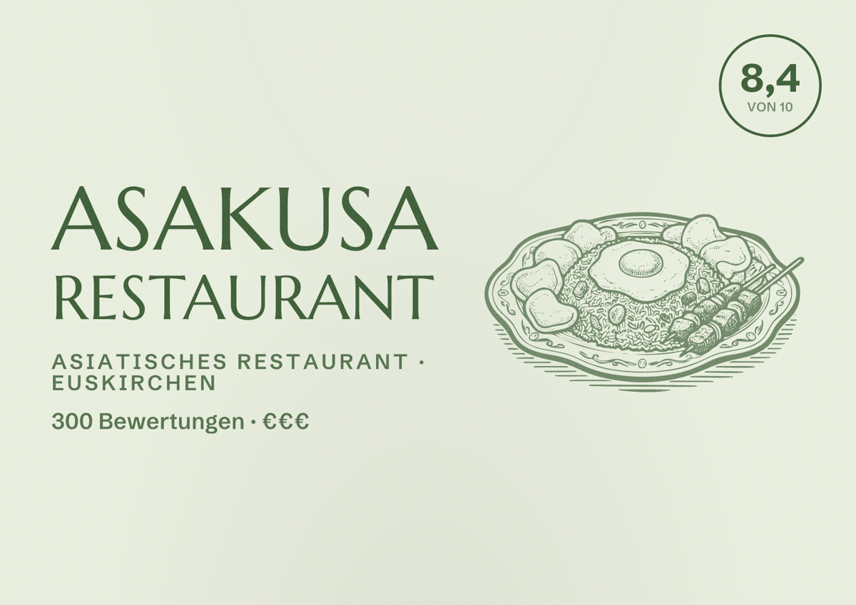 Illustriertes Poster von Asakusa Restaurant, Asiatisches Restaurant in Euskirchen: Bewertung 8,4 von 10 aus 300 Bewertungen, Preisniveau €€€