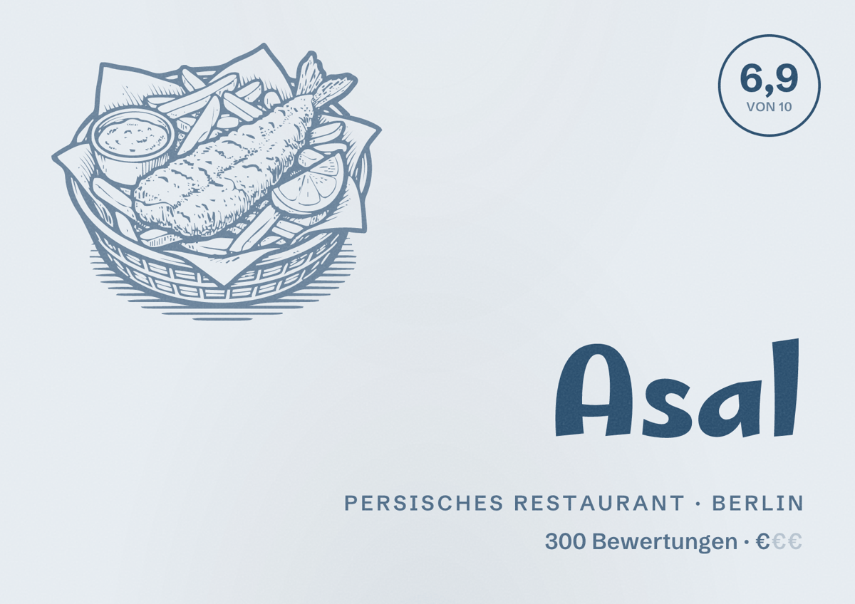 Illustriertes Poster von Asal, Persisches Restaurant in Berlin: Bewertung 6,9 von 10 aus 300 Bewertungen, Preisniveau €