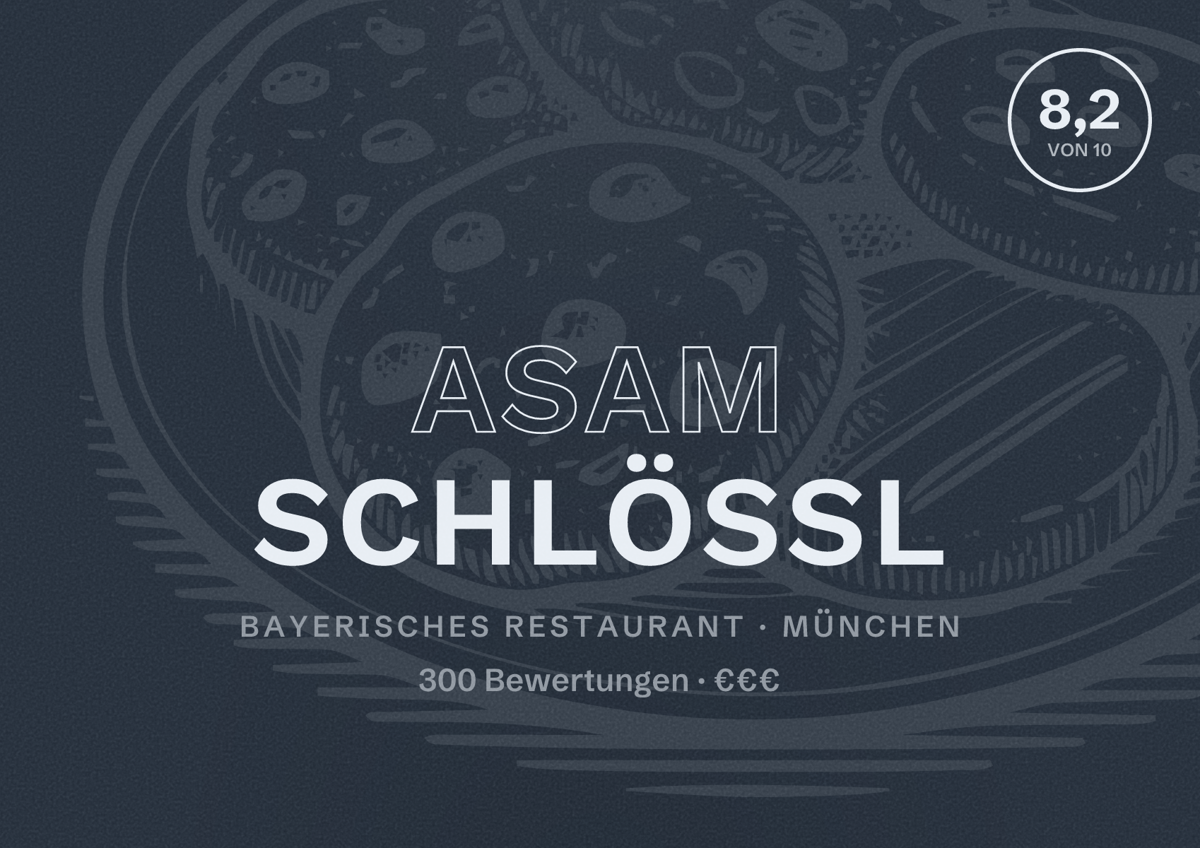 Illustriertes Poster von Asam Schlössl, Bayerisches Restaurant in München: Bewertung 8,2 von 10 aus 300 Bewertungen, Preisniveau €€€