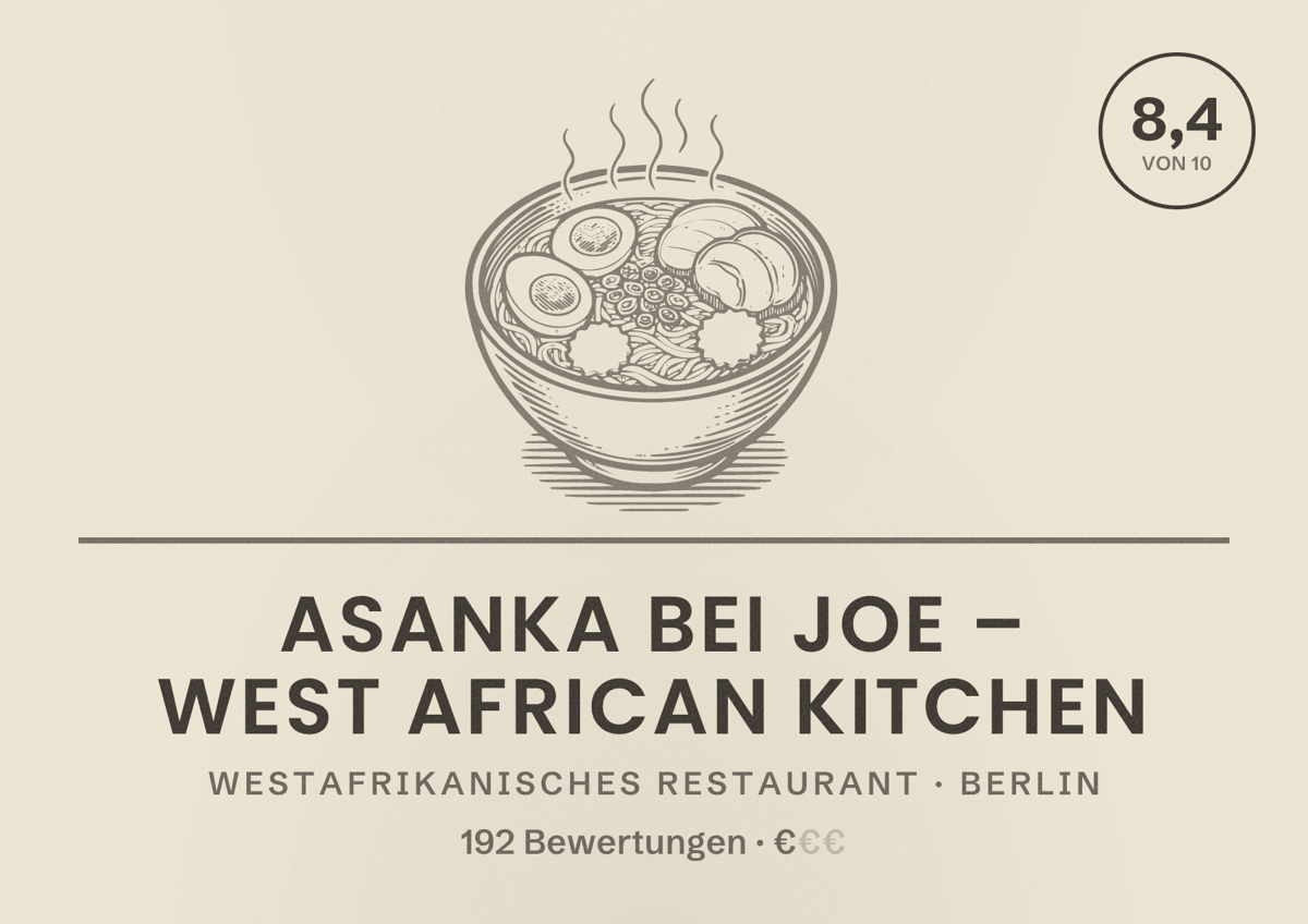Illustriertes Poster von ASANKA bei Joe – West African Kitchen, Westafrikanisches Restaurant in Berlin: Bewertung 8,4 von 10 aus 192 Bewertungen, Preisniveau €