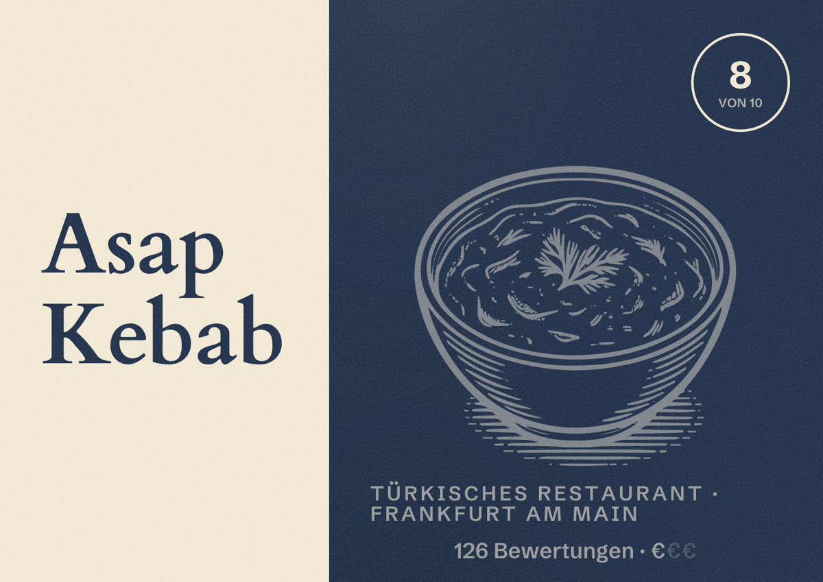 Illustriertes Poster von Asap Kebab, Türkisches Restaurant in Frankfurt am Main: Bewertung 8,0 von 10 aus 126 Bewertungen, Preisniveau €