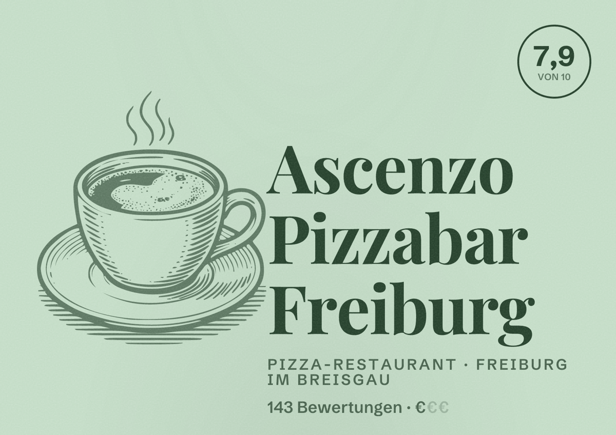 Illustriertes Poster von Ascenzo Pizzabar Freiburg, Pizza-Restaurant in Freiburg im Breisgau: Bewertung 7,9 von 10 aus 143 Bewertungen, Preisniveau €