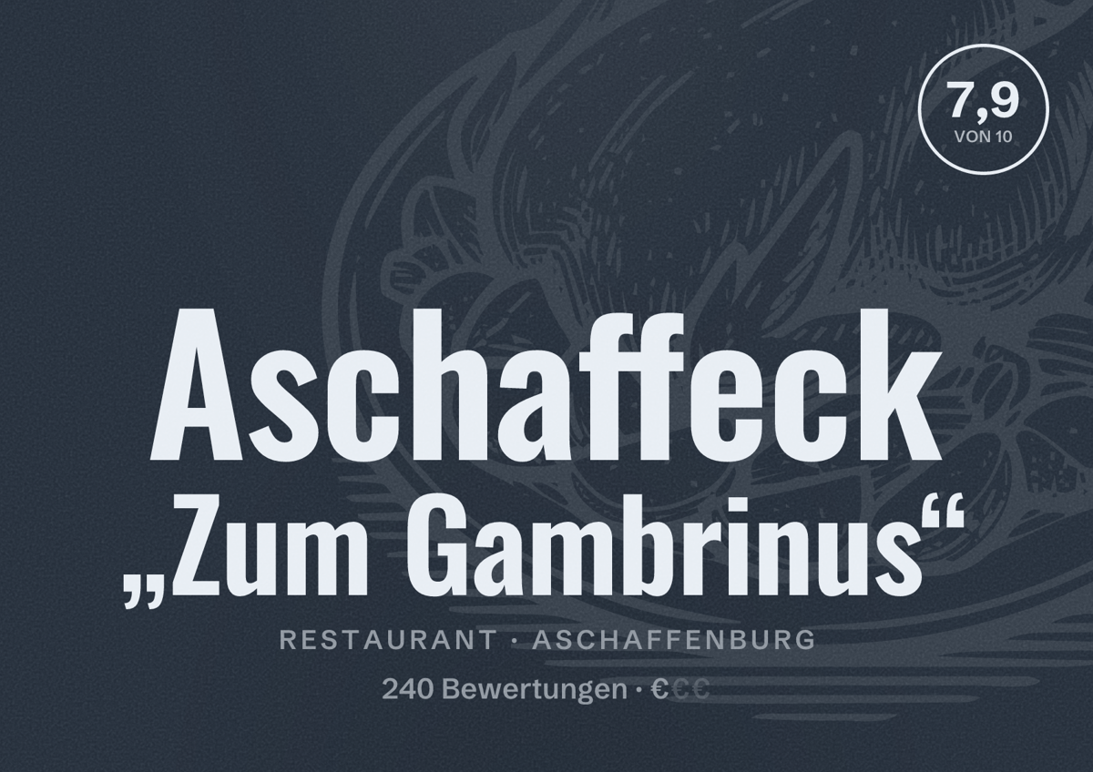 Illustriertes Poster von Aschaffeck „Zum Gambrinus“, Restaurant in Aschaffenburg: Bewertung 7,9 von 10 aus 240 Bewertungen, Preisniveau €