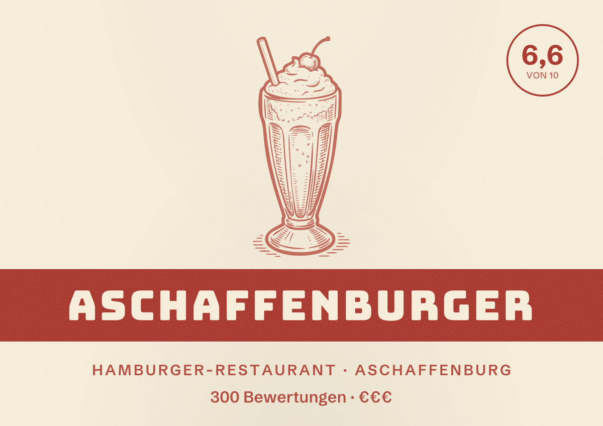 Illustriertes Poster von AschaffenBurger, Hamburger-Restaurant in Aschaffenburg: Bewertung 6,6 von 10 aus 300 Bewertungen, Preisniveau €€€