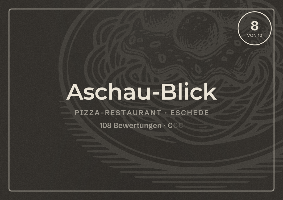Illustriertes Poster von Aschau-Blick, Pizza-Restaurant in Eschede: Bewertung 8 von 10 aus 108 Bewertungen, Preisniveau €