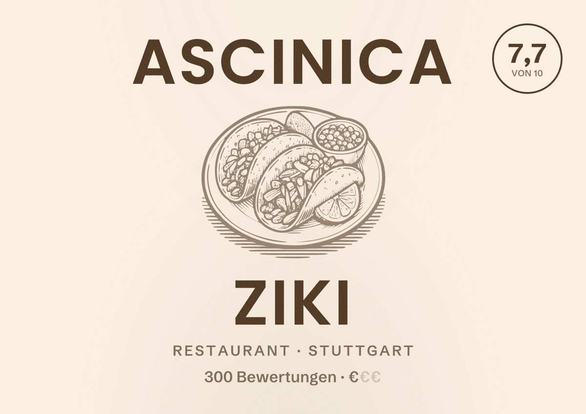Illustriertes Poster von Ascinica Ziki, Restaurant in Stuttgart: Bewertung 7,7 von 10 aus 300 Bewertungen, Preisniveau €
