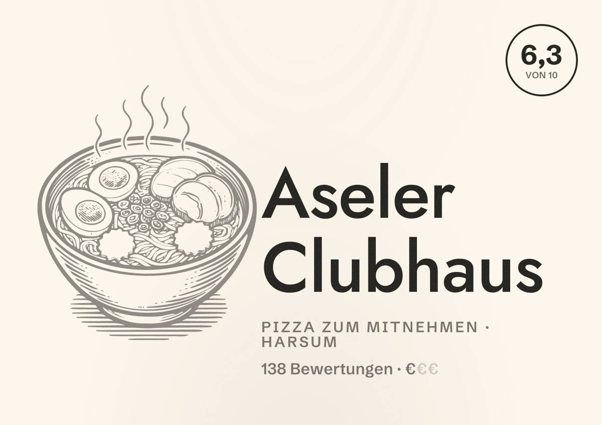Illustriertes Poster von Aseler Clubhaus, Pizza zum Mitnehmen in Harsum: Bewertung 6,3 von 10 aus 138 Bewertungen, Preisniveau €