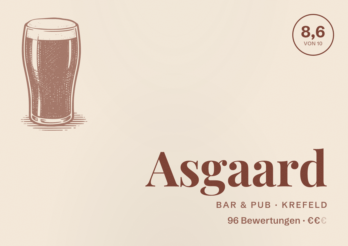 Illustriertes Poster von Asgaard, Bar & Pub in Krefeld: Bewertung 8,6 von 10 aus 96 Bewertungen, Preisniveau €€