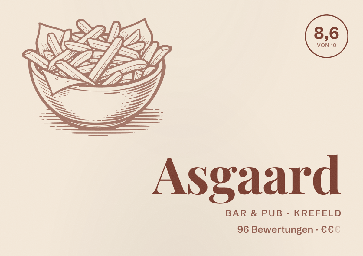 Illustriertes Poster von Asgaard, Bar & Pub in Krefeld: Bewertung 8,6 von 10 aus 96 Bewertungen, Preisniveau €€