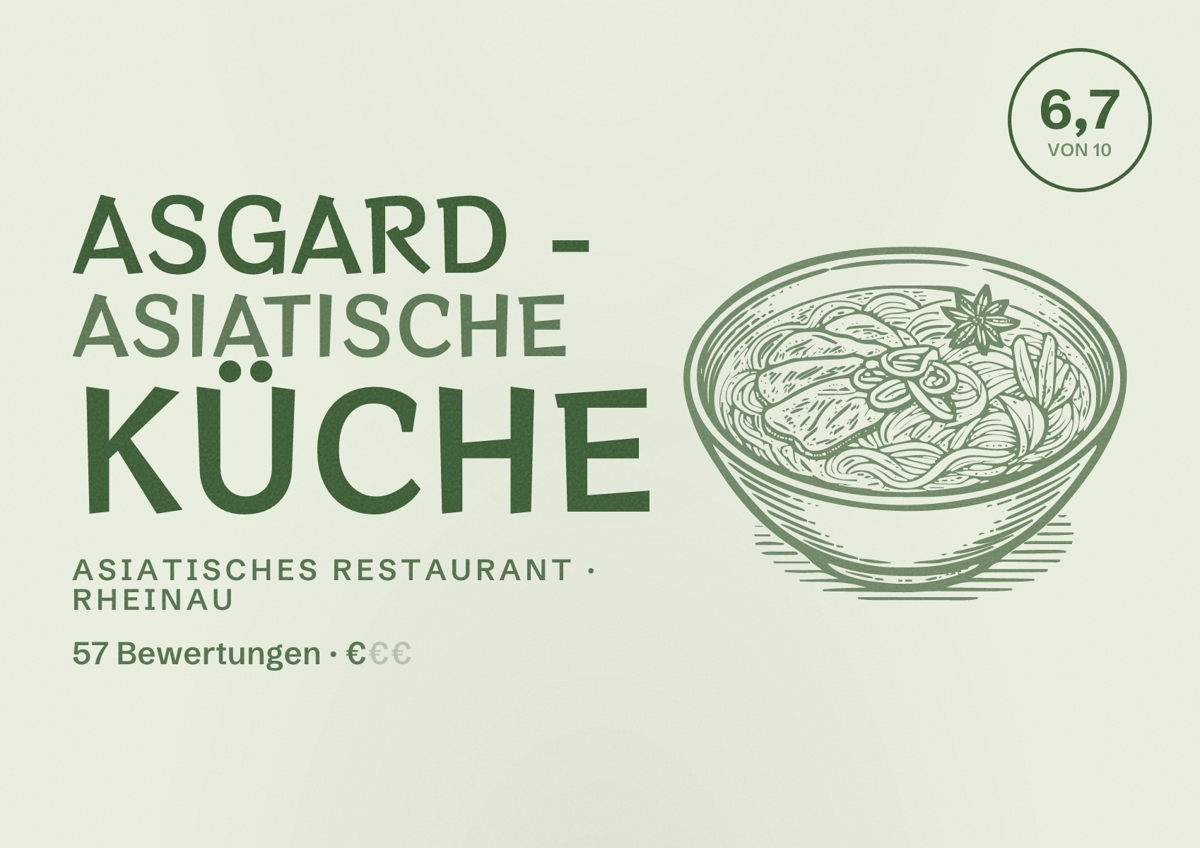 Illustriertes Poster von ASGARD - Asiatische Küche, Asiatisches Restaurant in Rheinau: Bewertung 6,7 von 10 aus 57 Bewertungen, Preisniveau €