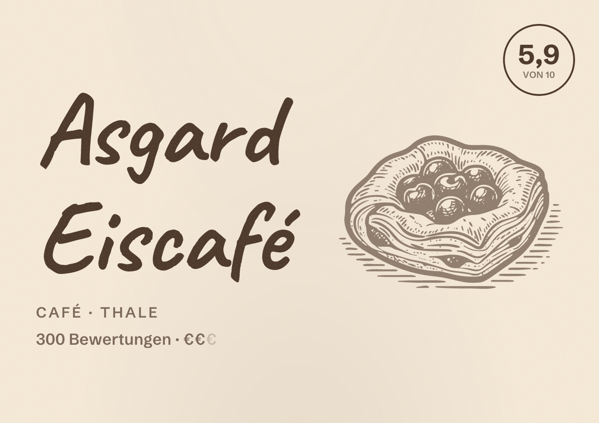 Illustriertes Poster von Asgard Eiscafé, Café in Thale: Bewertung 5,9 von 10 aus 300 Bewertungen, Preisniveau €€