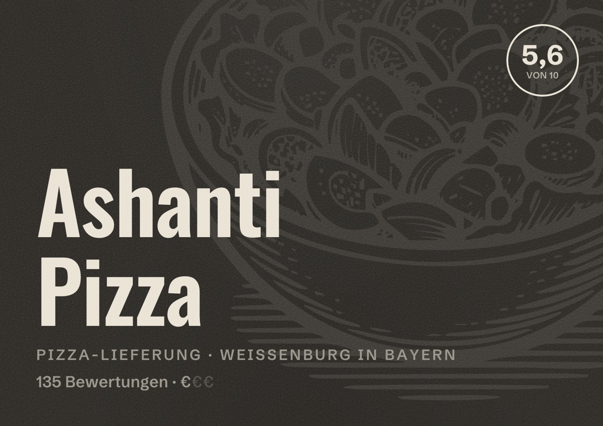 Illustriertes Poster von Ashanti Pizza, Pizza-Lieferung in Weißenburg in Bayern: Bewertung 5,6 von 10 aus 135 Bewertungen, Preisniveau €
