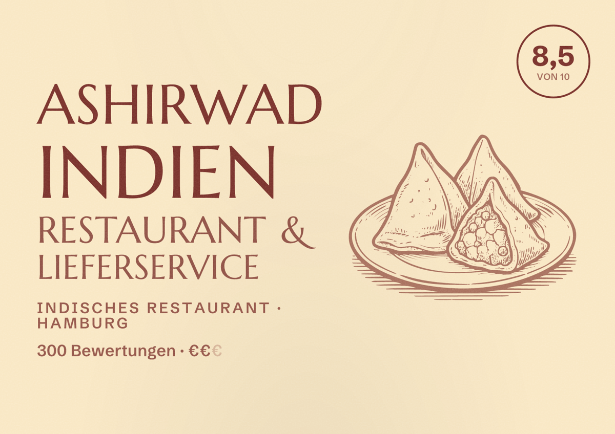 Illustriertes Poster von Ashirwad Indien Restaurant & Lieferservice, Indisches Restaurant in Hamburg: Bewertung 8,5 von 10 aus 300 Bewertungen, Preisniveau €€