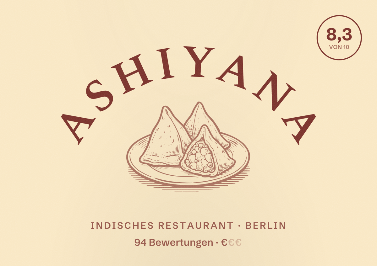 Illustriertes Poster von Ashiyana, Indisches Restaurant in Berlin: Bewertung 8,3 von 10 aus 94 Bewertungen, Preisniveau €