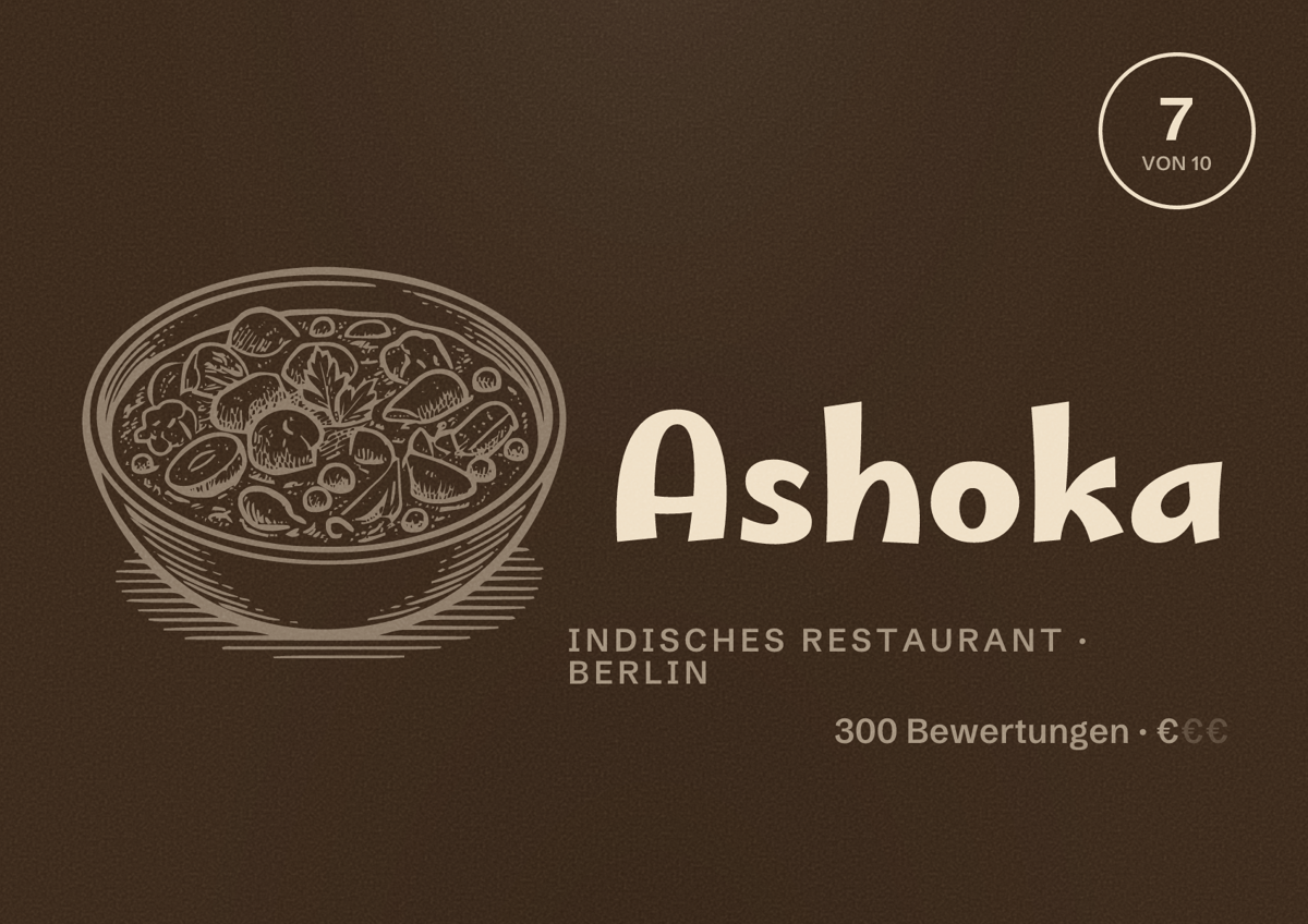 Illustriertes Poster von Ashoka, Indisches Restaurant in Berlin: Bewertung 7,0 von 10 aus 300 Bewertungen, Preisniveau €
