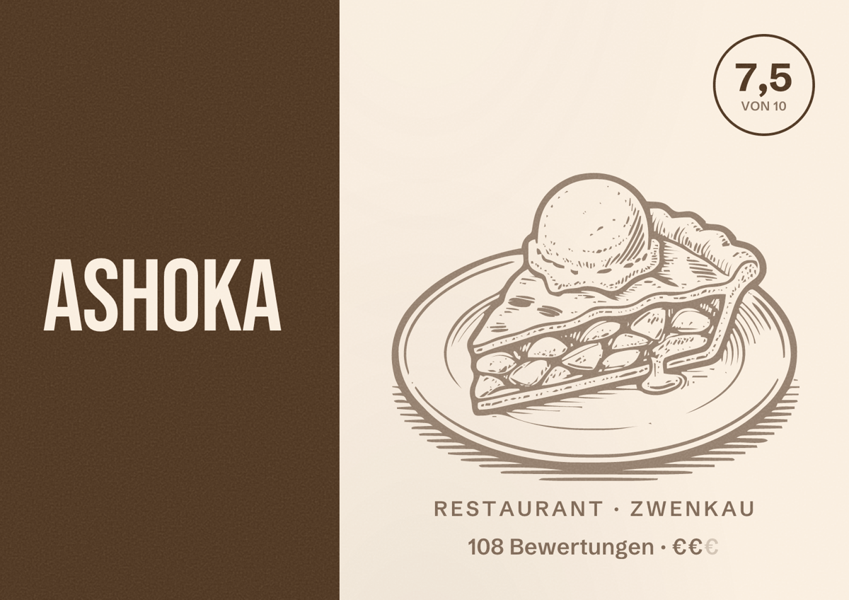 Illustriertes Poster von Ashoka, Restaurant in Zwenkau: Bewertung 7,5 von 10 aus 108 Bewertungen, Preisniveau €€