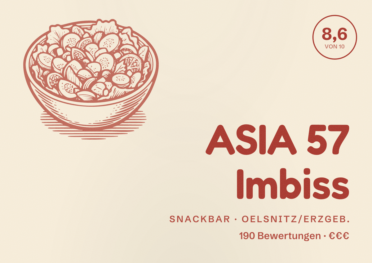 Illustriertes Poster von ASIA 57 Imbiss, Snackbar in Oelsnitz/Erzgeb.: Bewertung 8,6 von 10 aus 190 Bewertungen, Preisniveau €€€
