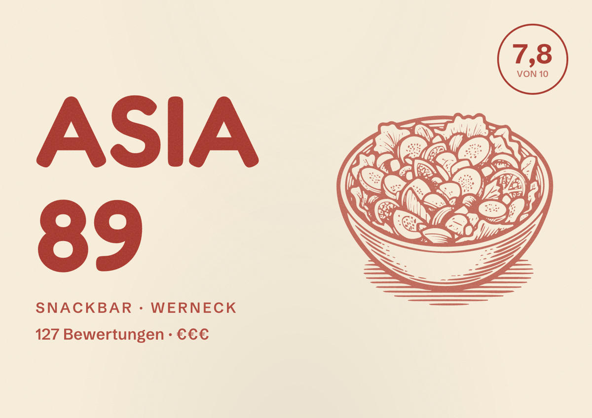 Illustriertes Poster von Asia 89, Snackbar in Werneck: Bewertung 7,8 von 10 aus 127 Bewertungen, Preisniveau €€€