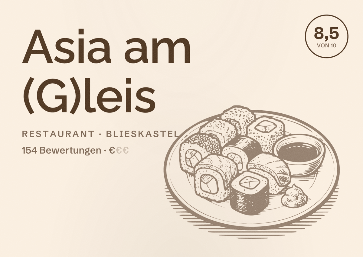 Illustriertes Poster von Asia am (G)leis, Restaurant in Blieskastel: Bewertung 8,5 von 10 aus 154 Bewertungen, Preisniveau €