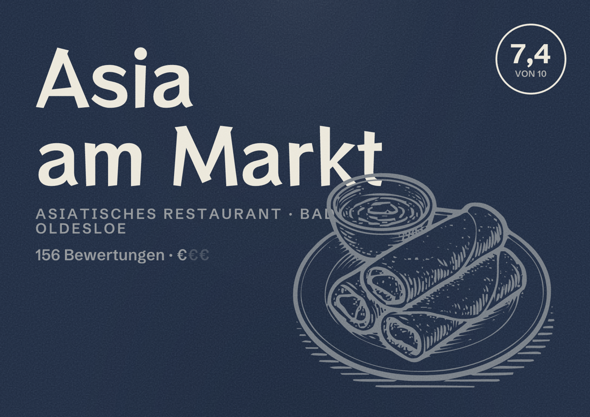 Illustriertes Poster von Asia am Markt, Asiatisches Restaurant in Bad Oldesloe: Bewertung 7,4 von 10 aus 156 Bewertungen, Preisniveau €