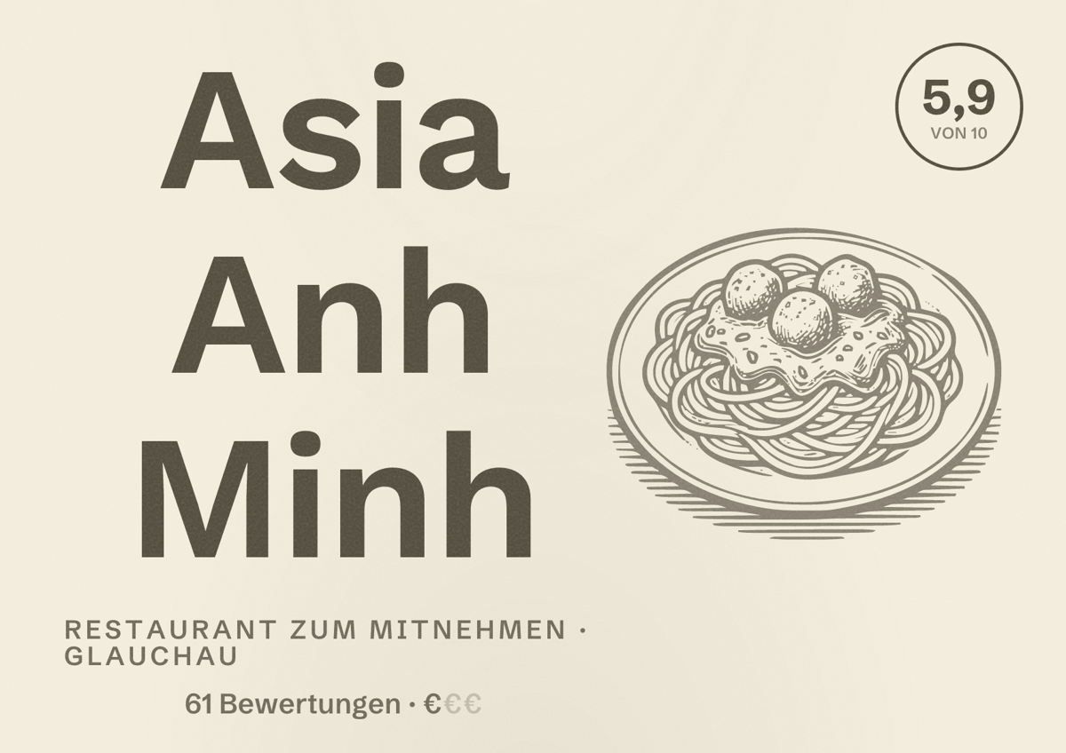 Illustriertes Poster von Asia Anh Minh, Restaurant zum Mitnehmen in Glauchau: Bewertung 5,9 von 10 aus 61 Bewertungen, Preisniveau €