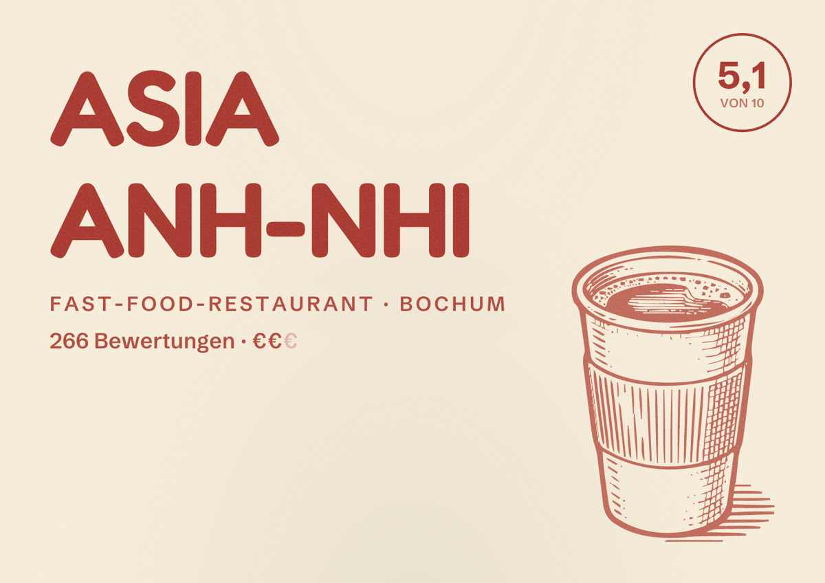 Illustriertes Poster von ASIA ANH-NHI, Fast-Food-Restaurant in Bochum: Bewertung 5,1 von 10 aus 266 Bewertungen, Preisniveau €€