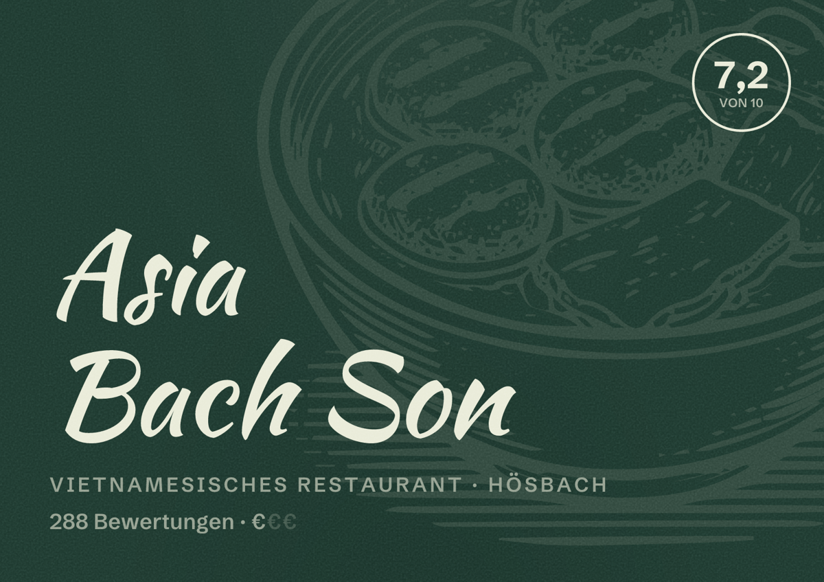 Illustriertes Poster von Asia Bach Son, Vietnamesisches Restaurant in Hösbach: Bewertung 7,2 von 10 aus 288 Bewertungen, Preisniveau €