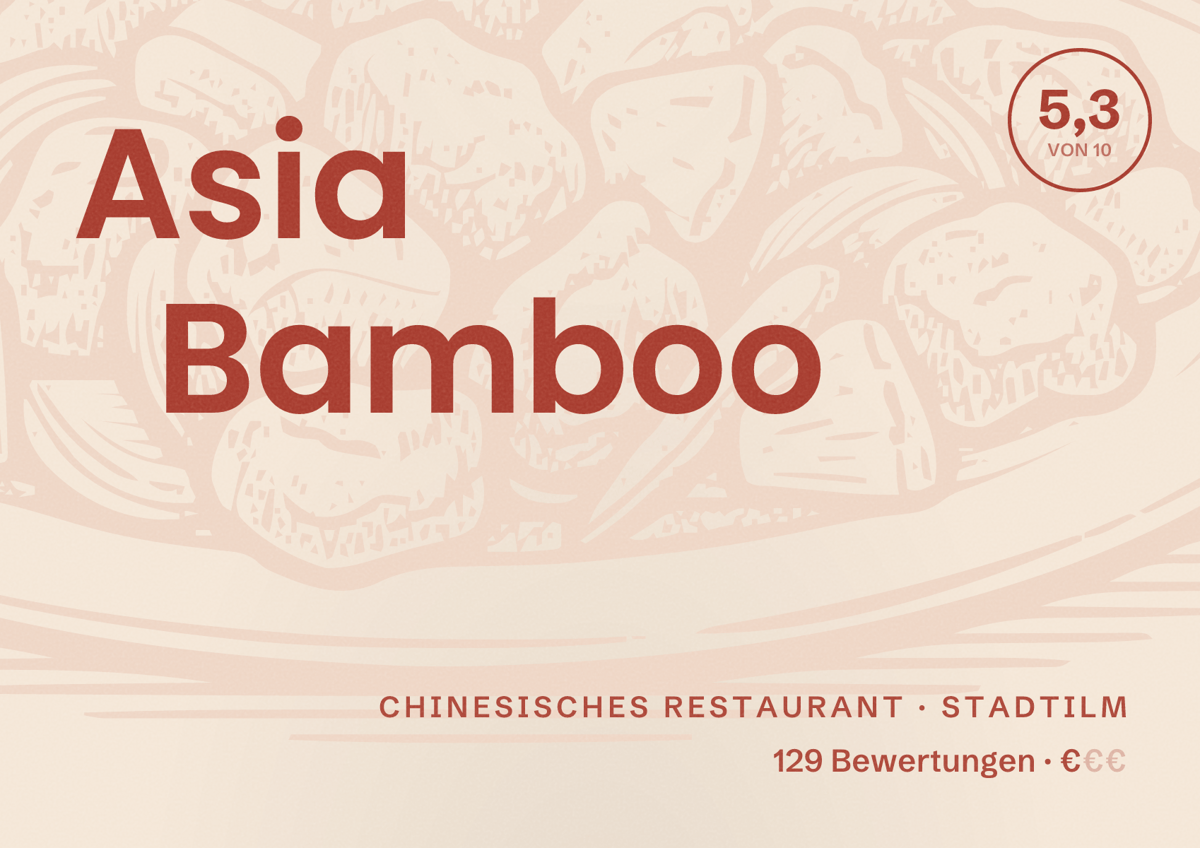 Illustriertes Poster von Asia Bamboo, Chinesisches Restaurant in Stadtilm: Bewertung 5,3 von 10 aus 129 Bewertungen, Preisniveau €