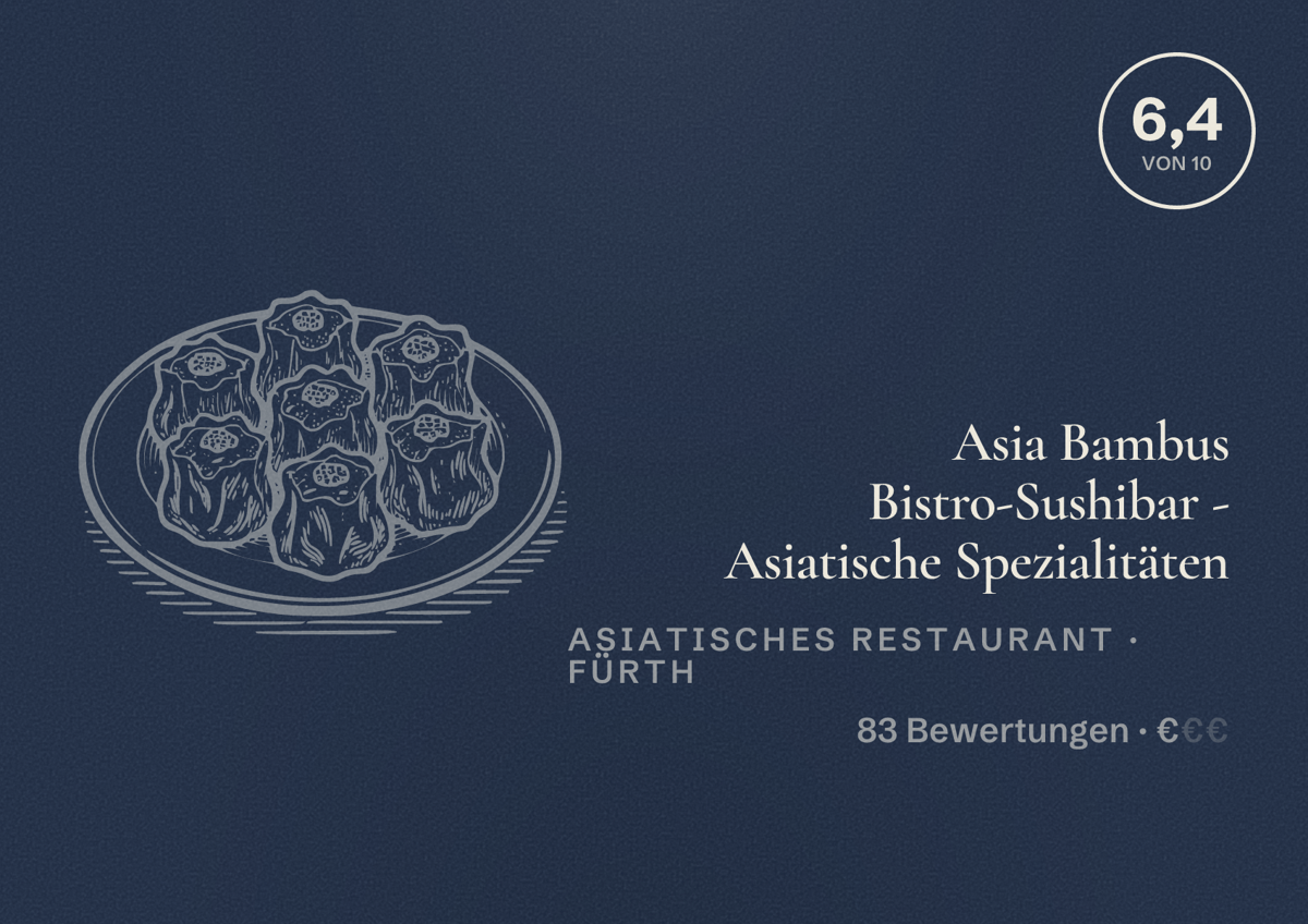 Illustriertes Poster von Asia Bambus Bistro-Sushibar - Asiatische Spezialitäten, Asiatisches Restaurant in Fürth: Bewertung 6,4 von 10 aus 83 Bewertungen, Preisniveau €