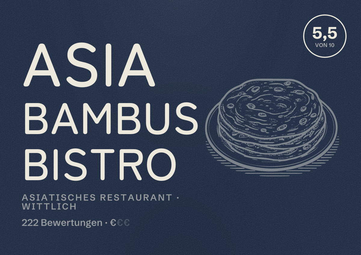 Illustriertes Poster von Asia Bambus Bistro, Asiatisches Restaurant in Wittlich: Bewertung 5,5 von 10 aus 222 Bewertungen, Preisniveau €