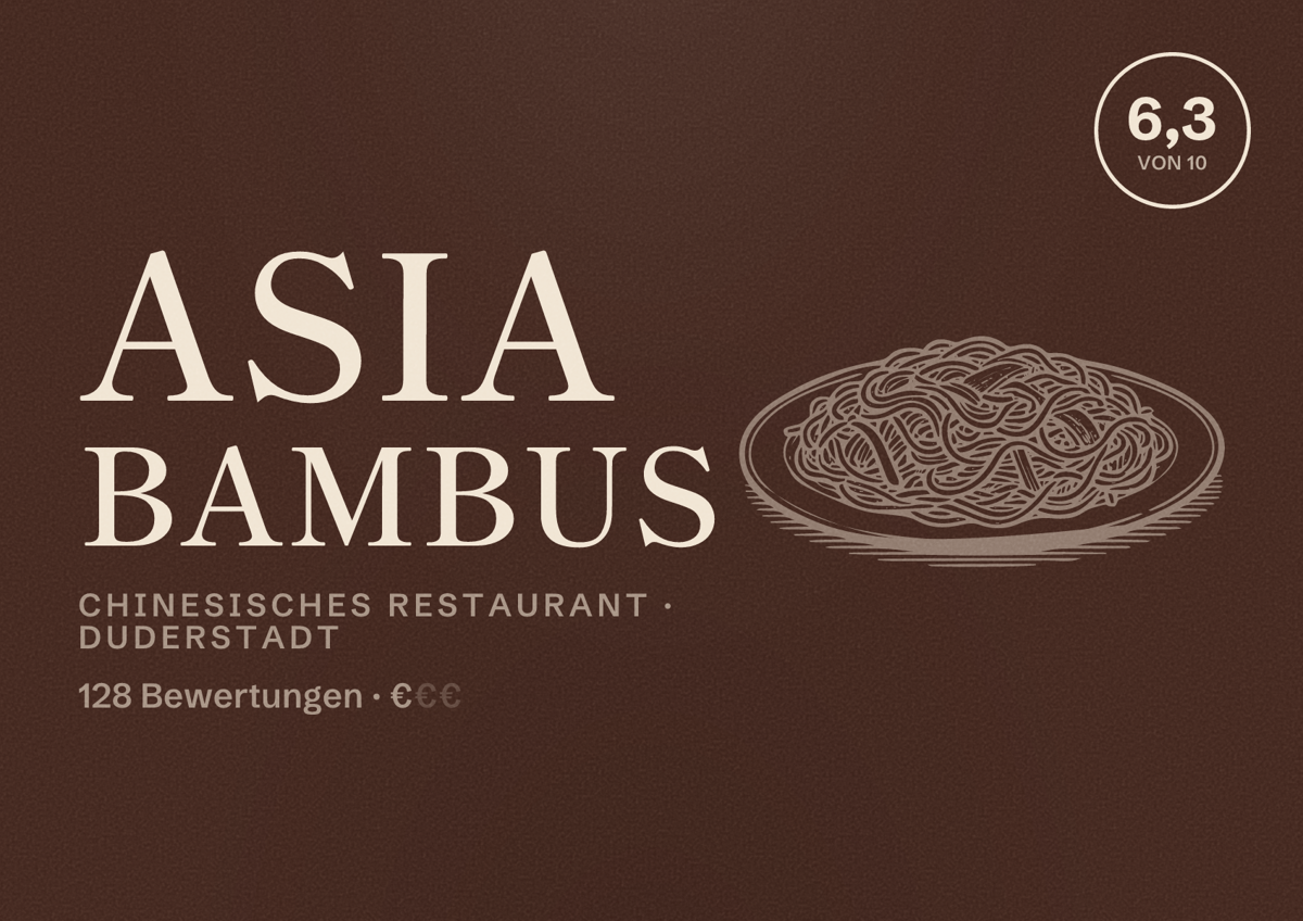 Illustriertes Poster von Asia Bambus, Chinesisches Restaurant in Duderstadt: Bewertung 6,3 von 10 aus 128 Bewertungen, Preisniveau €