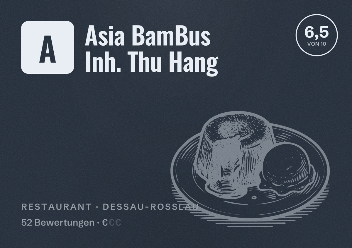 Illustriertes Poster von Asia BamBus Inh. Thu Hang, Restaurant in Dessau-Roßlau: Bewertung 6,5 von 10 aus 52 Bewertungen, Preisniveau €