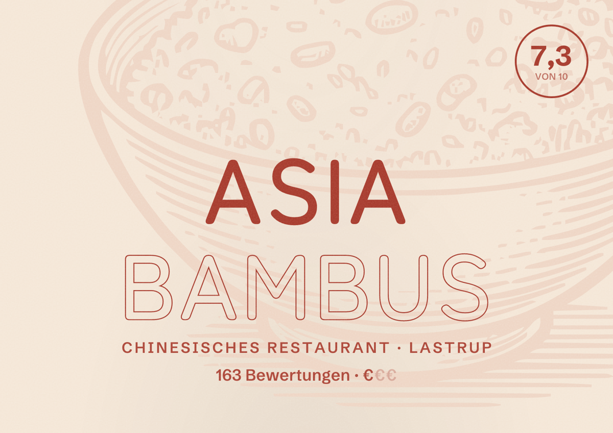 Illustriertes Poster von Asia Bambus, Chinesisches Restaurant in Lastrup: Bewertung 7,3 von 10 aus 163 Bewertungen, Preisniveau €