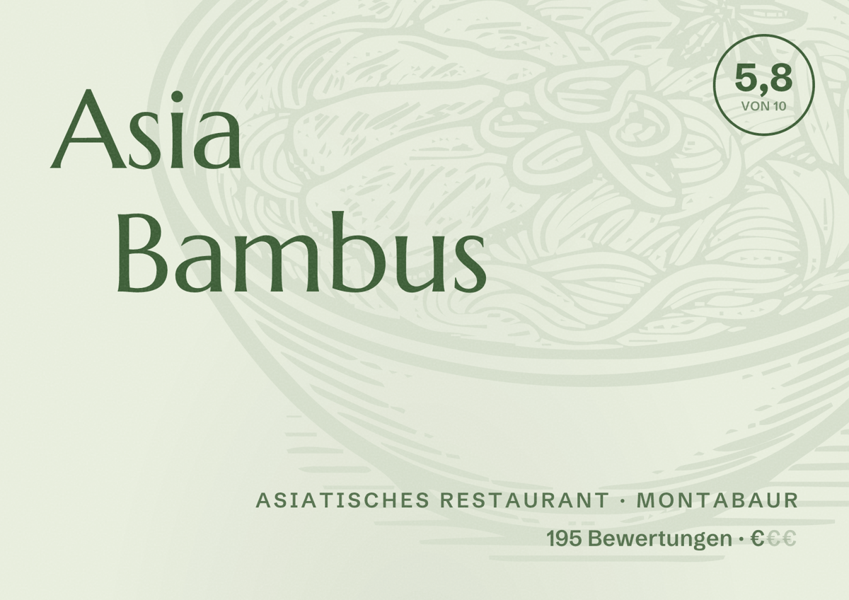 Illustriertes Poster von Asia Bambus, Asiatisches Restaurant in Montabaur: Bewertung 5,8 von 10 aus 195 Bewertungen, Preisniveau €