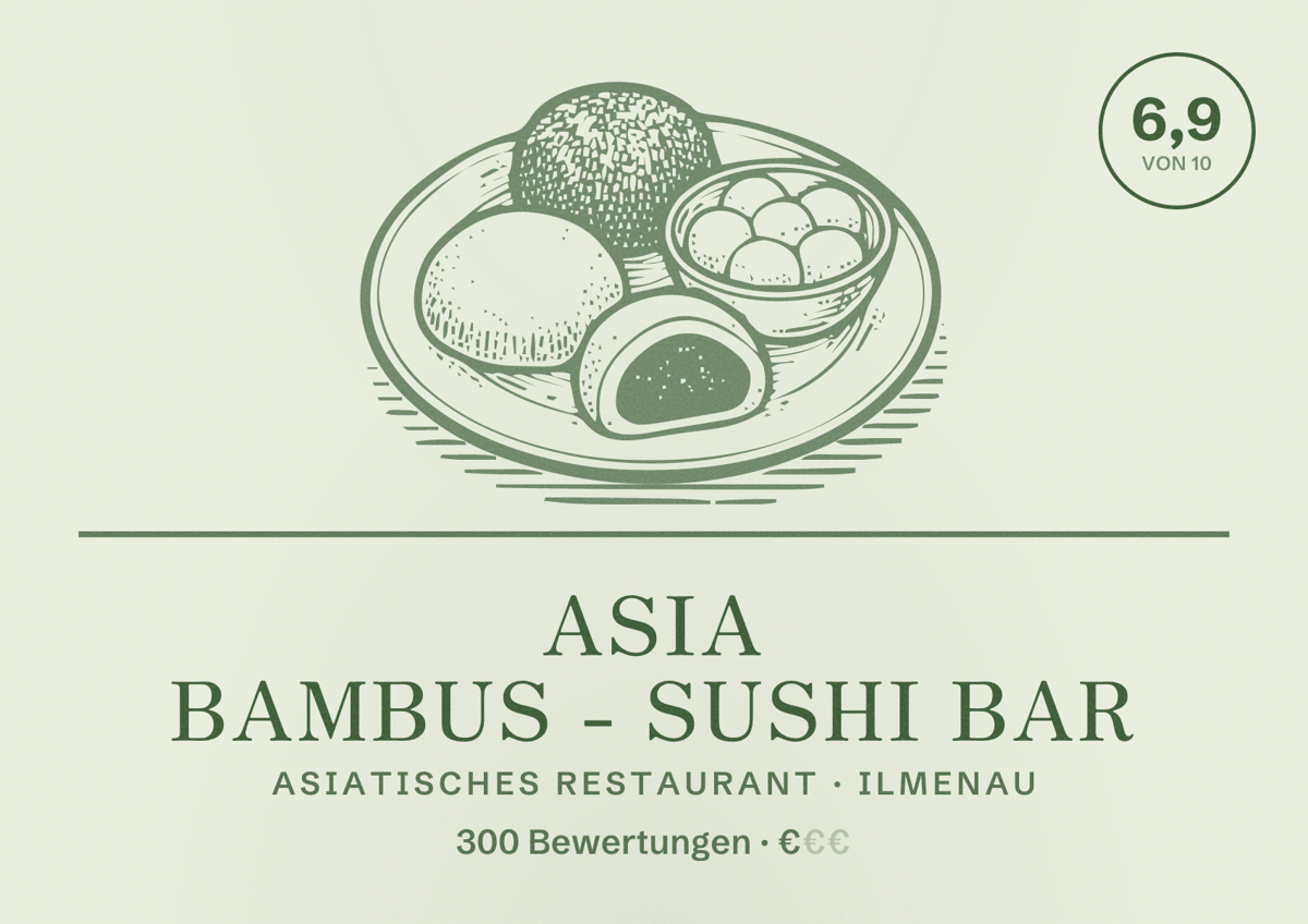Illustriertes Poster von Asia Bambus - Sushi Bar, Asiatisches Restaurant in Ilmenau: Bewertung 6,9 von 10 aus 300 Bewertungen, Preisniveau €
