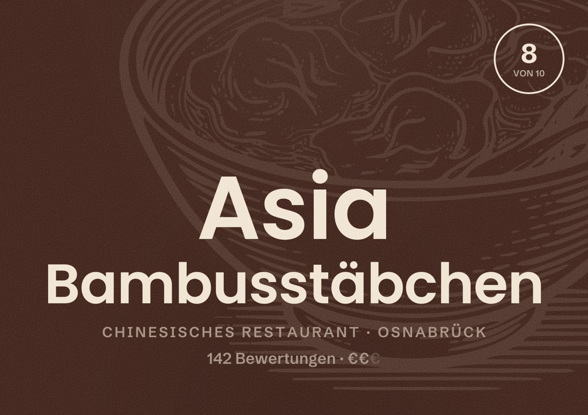 Illustriertes Poster von Asia Bambusstäbchen, Chinesisches Restaurant in Osnabrück: Bewertung 8 von 10 aus 142 Bewertungen, Preisniveau €€