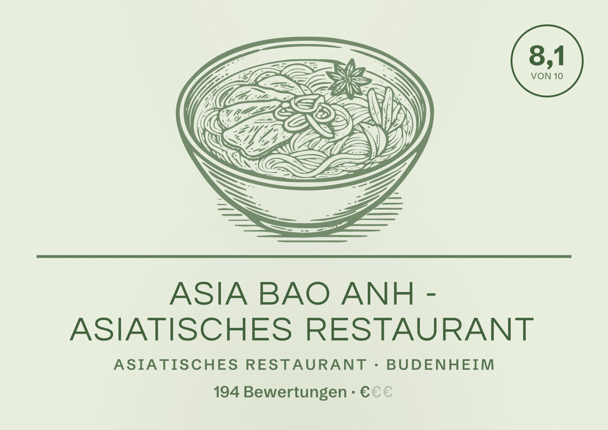 Illustriertes Poster von Asia Bao Anh - Asiatisches Restaurant, Asiatisches Restaurant in Budenheim: Bewertung 8,1 von 10 aus 194 Bewertungen, Preisniveau €