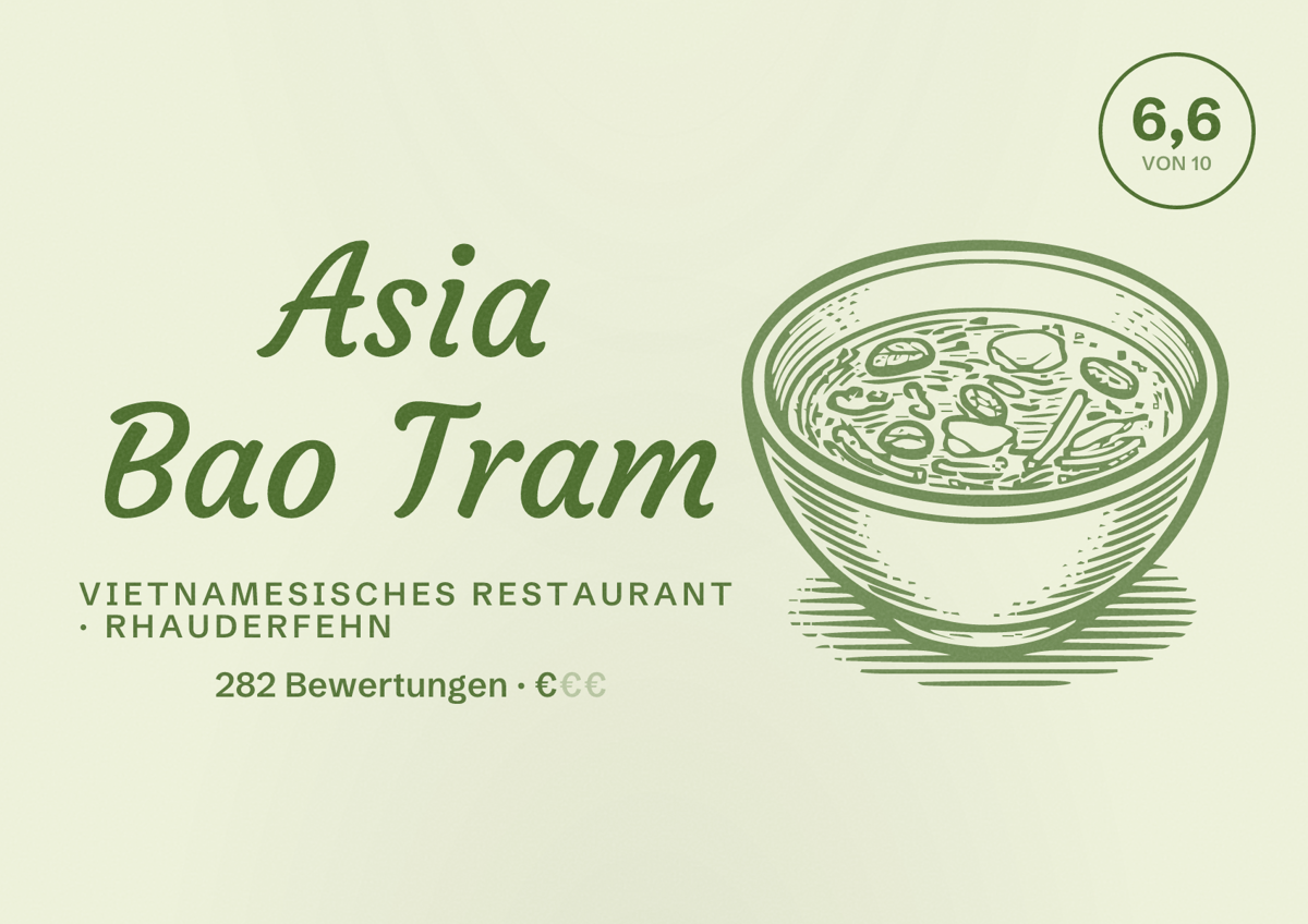Illustriertes Poster von Asia Bao Tram, Vietnamesisches Restaurant in Rhauderfehn: Bewertung 6,6 von 10 aus 282 Bewertungen, Preisniveau €