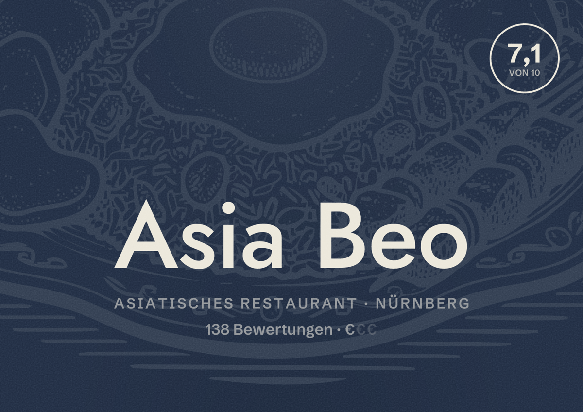 Illustriertes Poster von Asia Beo, Asiatisches Restaurant in Nürnberg: Bewertung 7,1 von 10 aus 138 Bewertungen, Preisniveau €