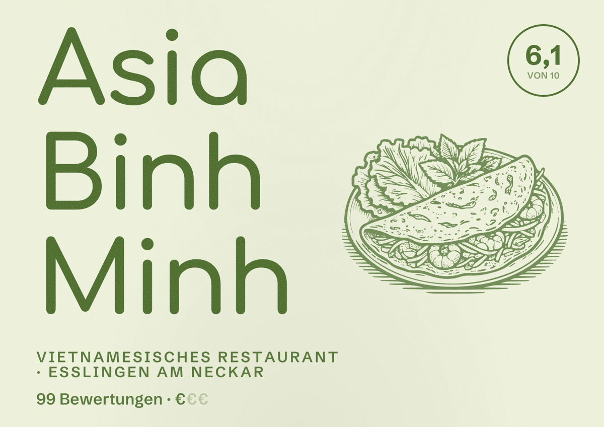 Illustriertes Poster von Asia Binh Minh, Vietnamesisches Restaurant in Esslingen am Neckar: Bewertung 6,1 von 10 aus 99 Bewertungen, Preisniveau €