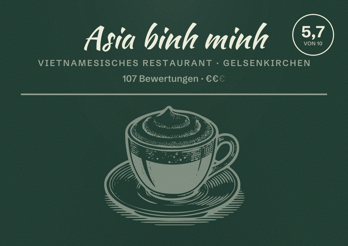 Illustriertes Poster von Asia binh minh, Vietnamesisches Restaurant in Gelsenkirchen: Bewertung 5,7 von 10 aus 107 Bewertungen, Preisniveau €€