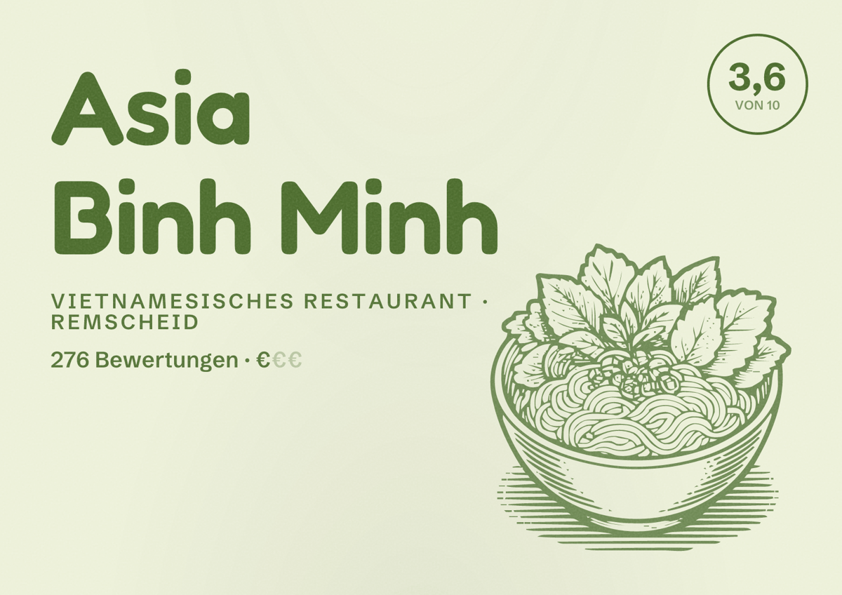 Illustriertes Poster von Asia Binh Minh, Vietnamesisches Restaurant in Remscheid: Bewertung 3,6 von 10 aus 276 Bewertungen, Preisniveau €