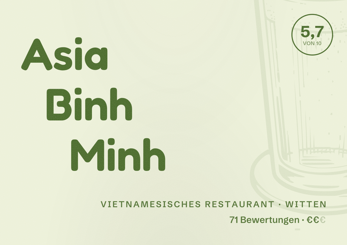 Illustriertes Poster von Asia Binh Minh, Vietnamesisches Restaurant in Witten: Bewertung 5,7 von 10 aus 71 Bewertungen, Preisniveau €€